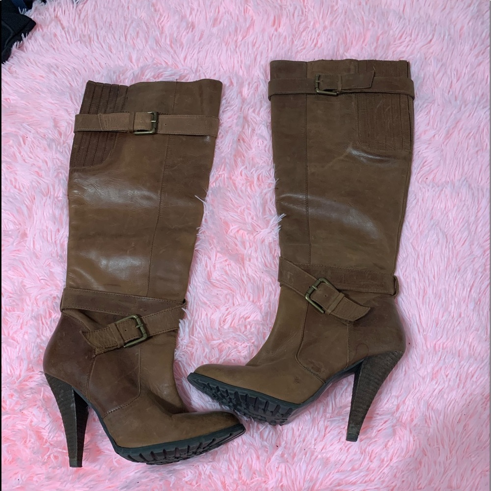 Aldo Brown Knee-High Buckle Heeled Boots